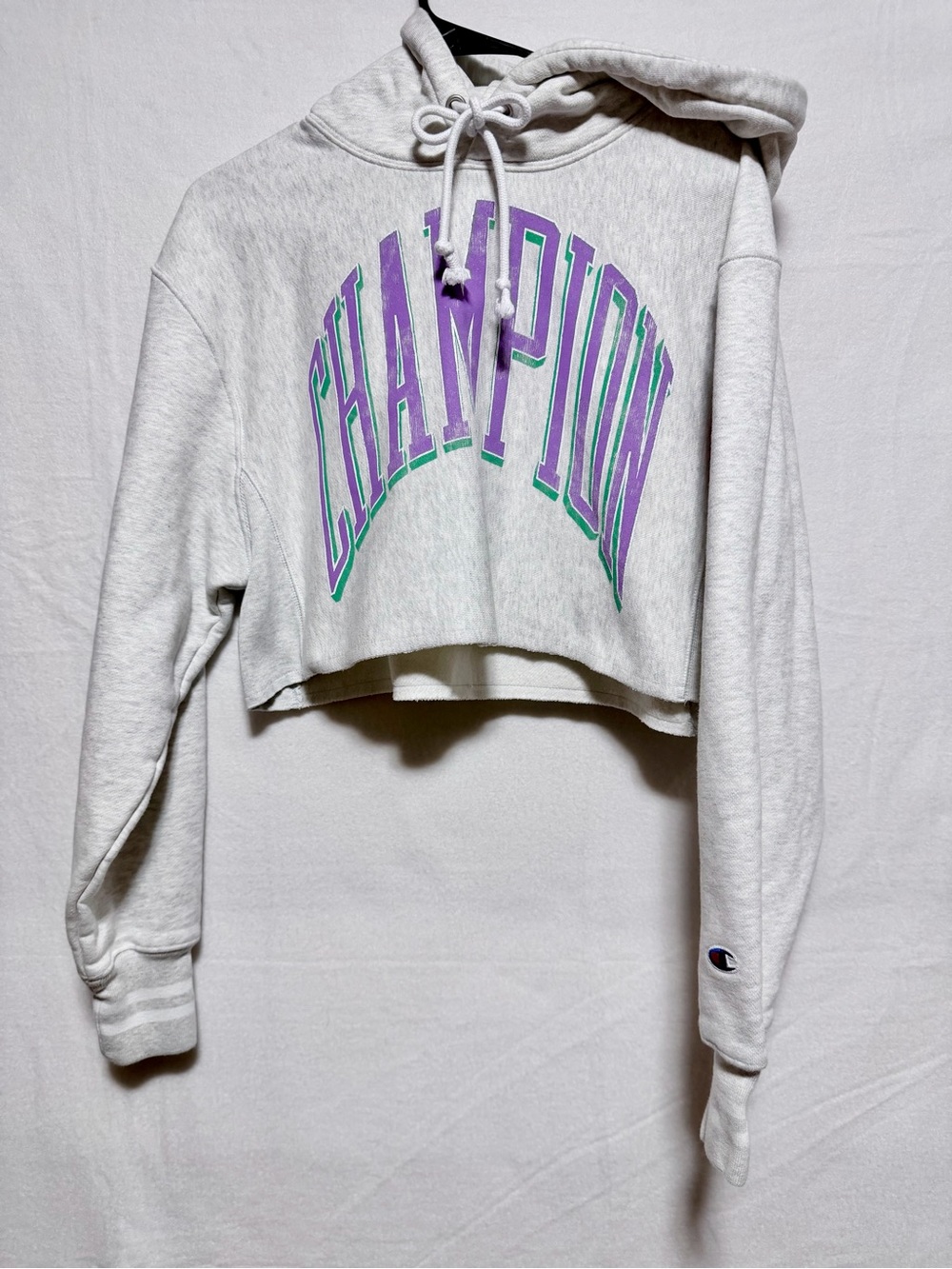 Champion Reverse Weave Cropped Hoodie with Purple & Teal Logo Sz S